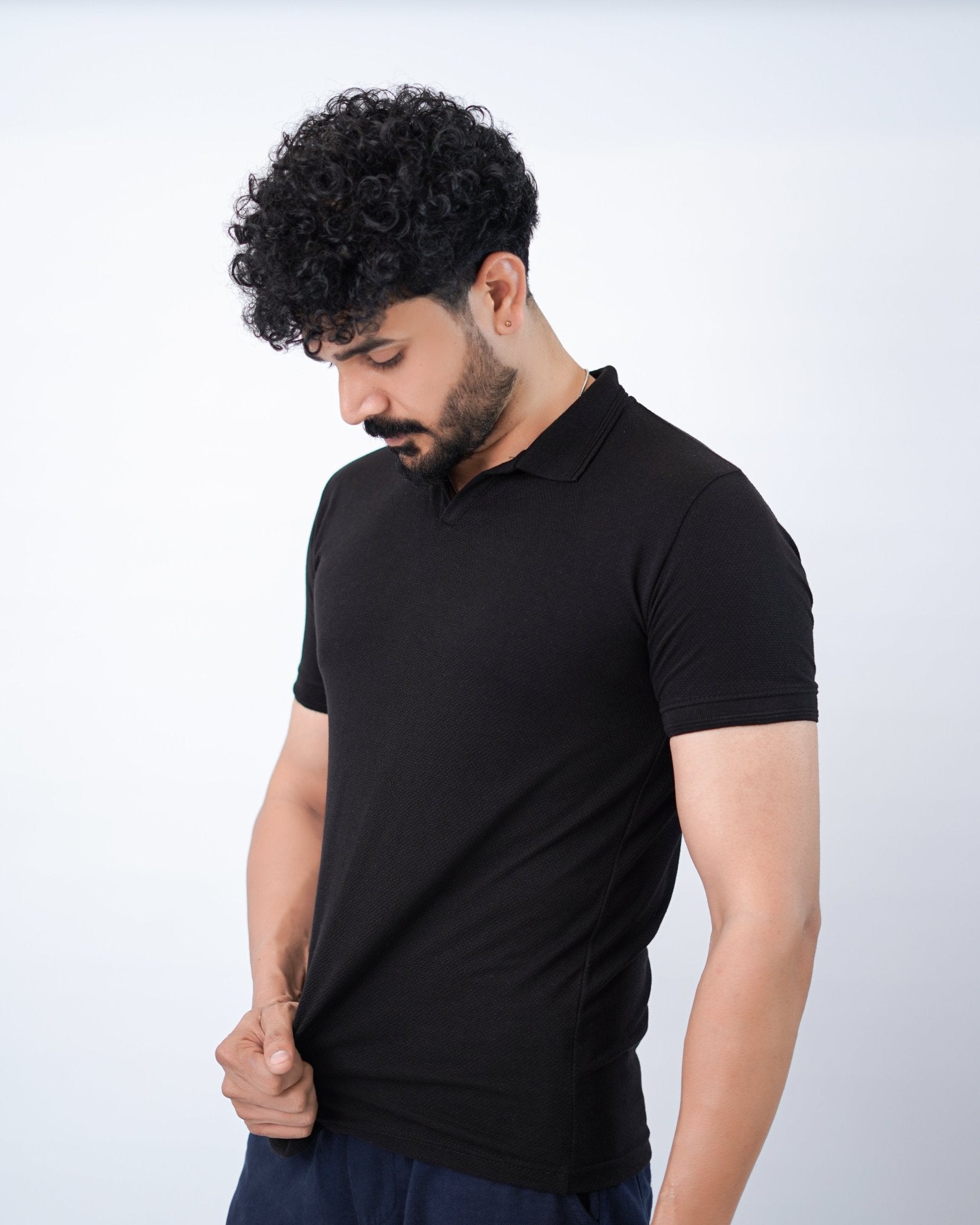 TEXTURED KNIT BLACK POLO SHIRT